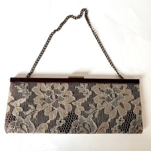 Banana Republic Black and Cream Lace Evening Clutch with Chain
